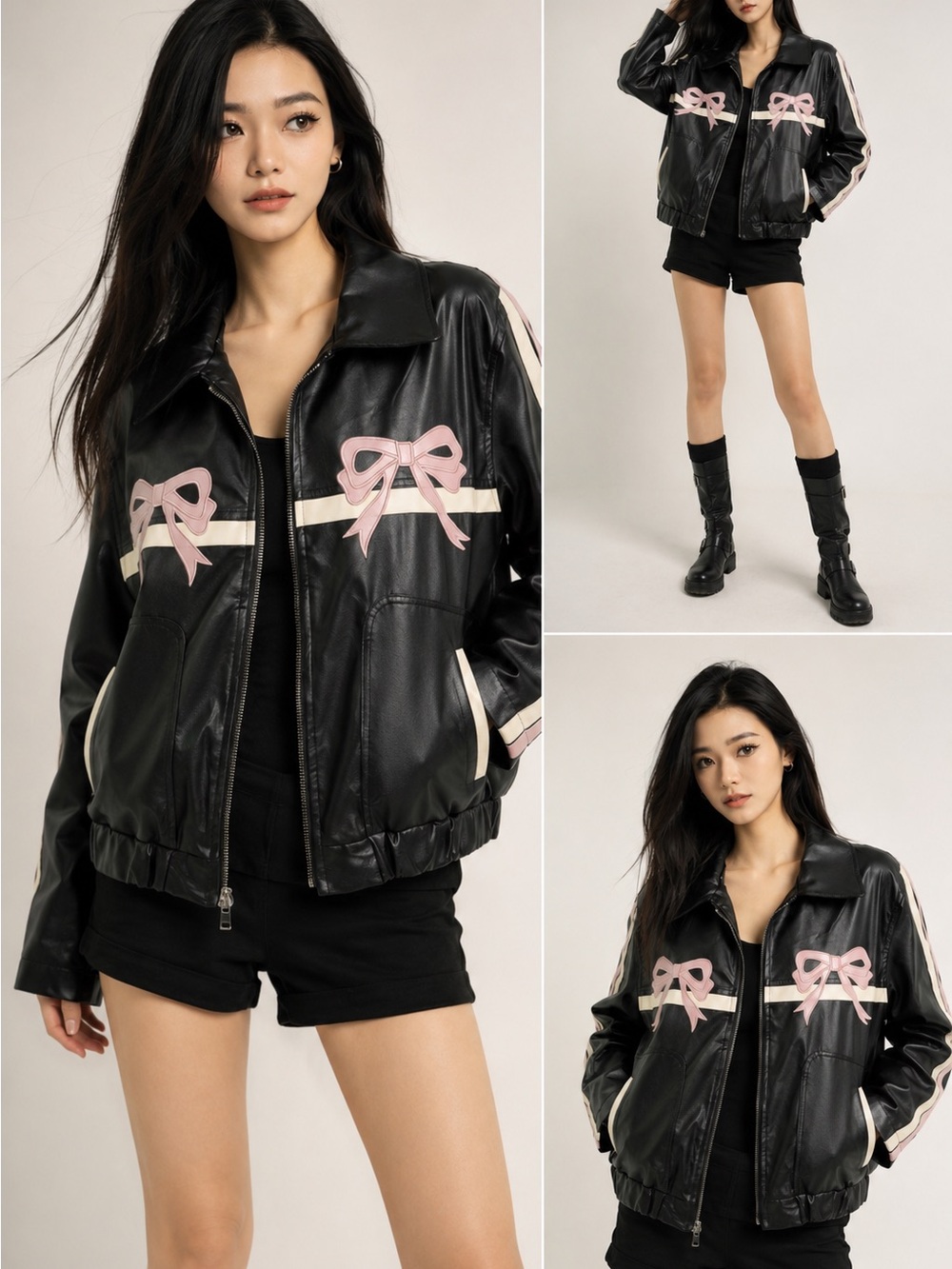 Project Rebel Faux Leather Bomber Jacket Pink Bow Coquette Y2K Size L